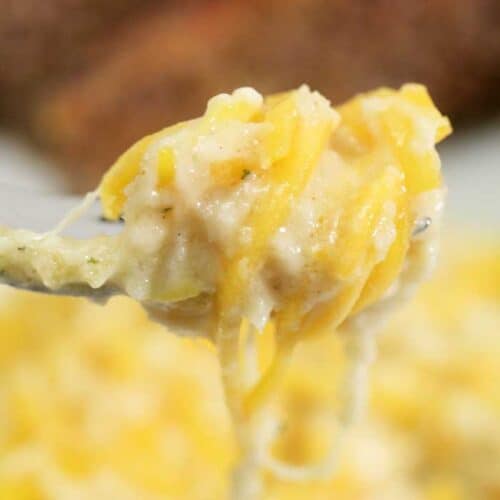 Butternut Squash Mac and Cheese forkful closeup square