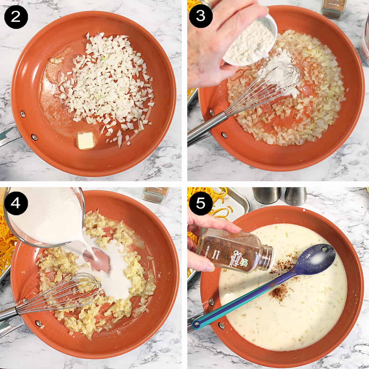 Collage of steps 2-5 to make sauce.