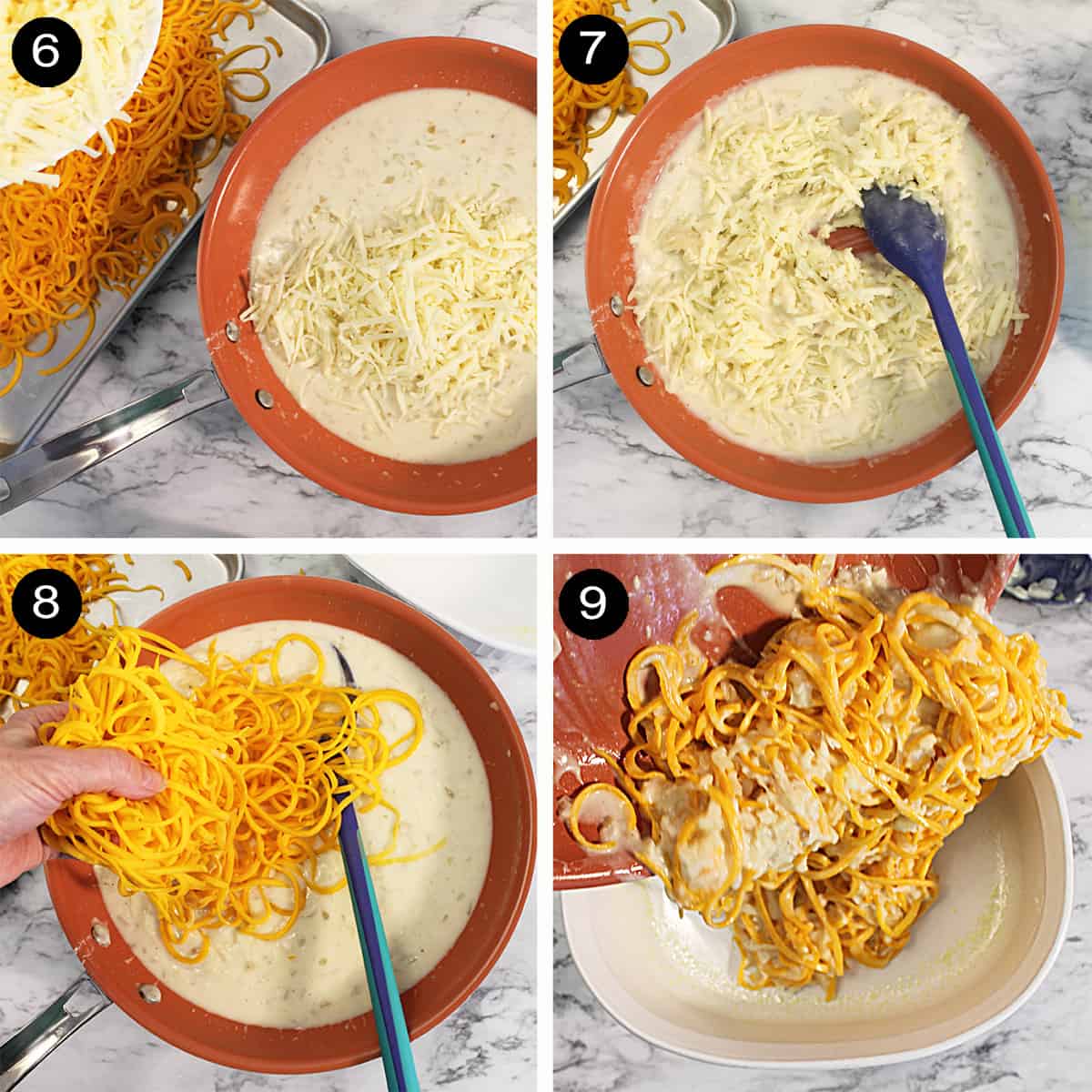 Collage of steps 5-8 to mix squash with cheese sauce.