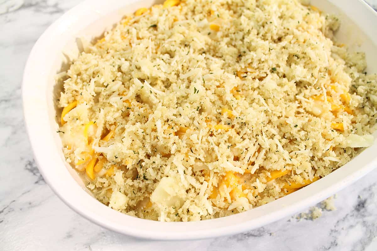 Overhead closeup of butternut squash bake topping.