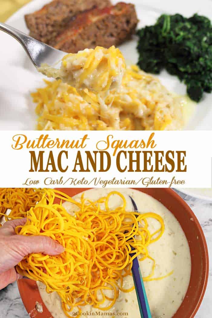 Butternut Squash Mac and Cheese is a delicious and low carb option to everyone's favorite comfort food, mac and cheese. Spiral-cut butternut squash is mixed with a creamy, cheesy sauce with a hint of nutmeg and baked for the perfect winter comfort food. It's a perfect vegetarian side dish and, with modifications, also works for people on keto as well as gluten-free diets. #sidedish #macandcheese #butternutsquash #lowcarb #keto #glutenfree #vegetarian #recipe #comfortfood