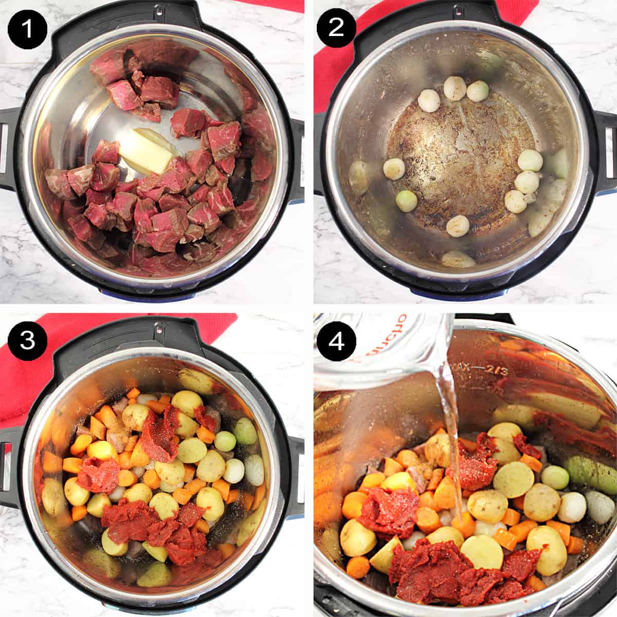 Steps 1-4 on how to make Greek beef stew.