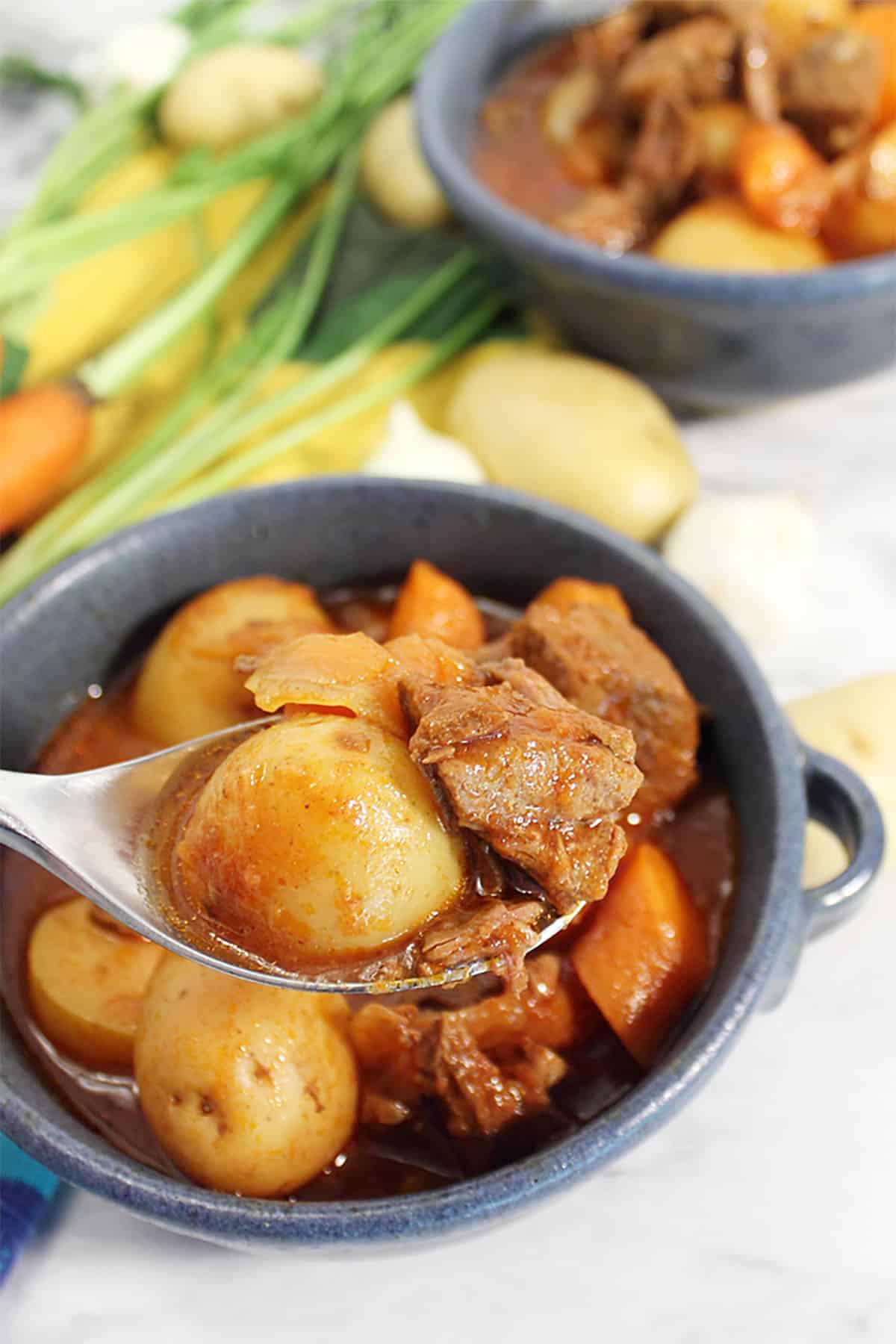 Spoonful of beef stew over serving.