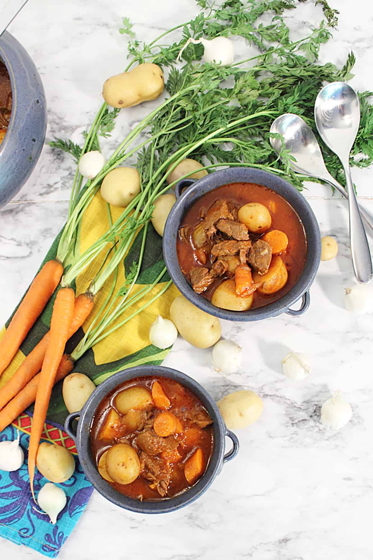 Overhead of two blue bowls of stew with carrots beside them.