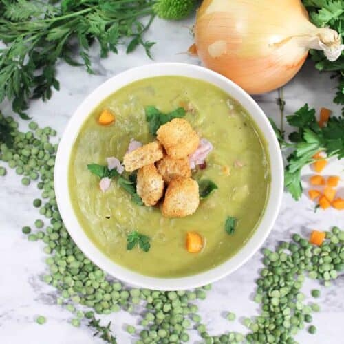 Instant Pot Split Pea Soup overhead with croutons square