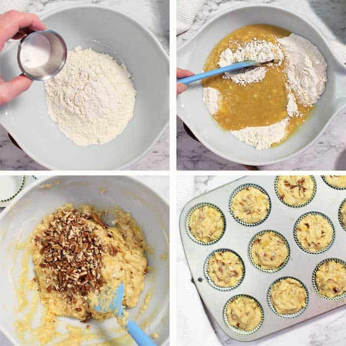 Mixing final ingredients and spooning into muffin pan. Steps 7-10