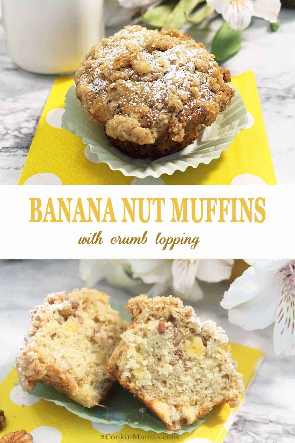 These amazingly moist and delicious banana muffins have tons of sweet banana flavor and a nice crunch from chopped pecans. Easy to make, complete with bakery-style muffins tops, and piled high with a crunchy crumb topping. Great for breakfast or snacks and on the table in just 30 minutes. #muffins #banana #withcrumbtopping #pecans #breakfast #snack #easy #recipe