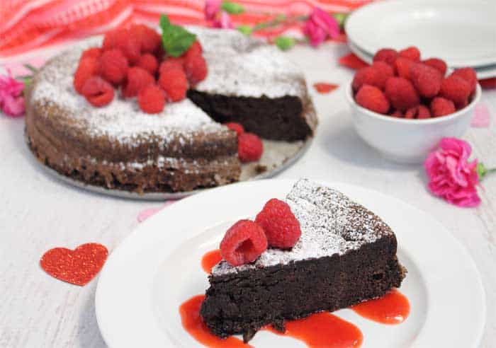 Flourless Chocolate Torte slice with cake in background