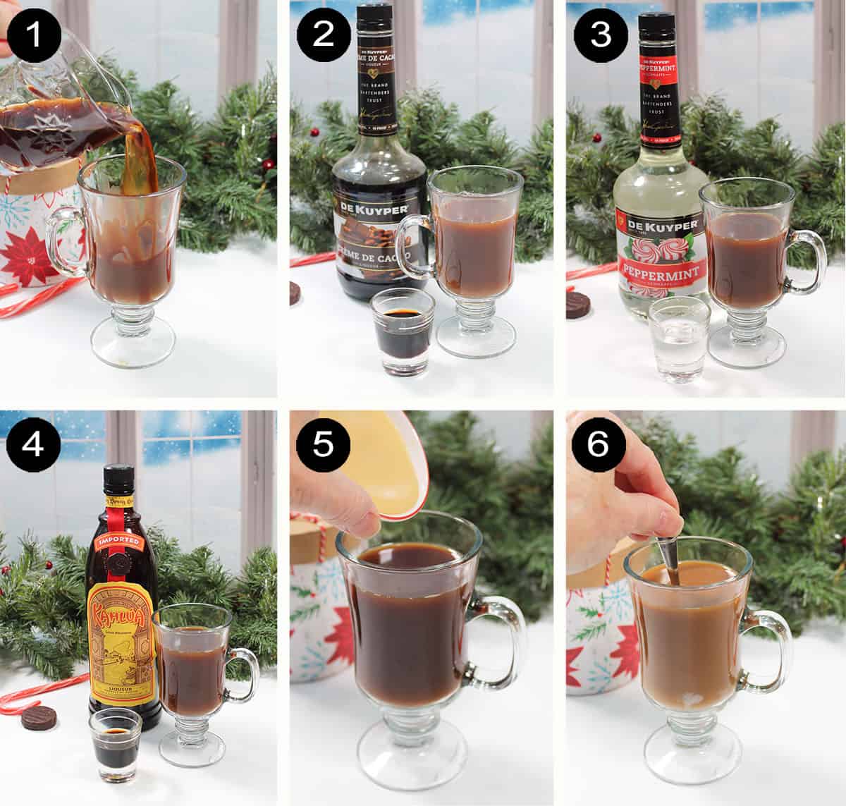 Steps 1-6 to make peppermint patty drink.