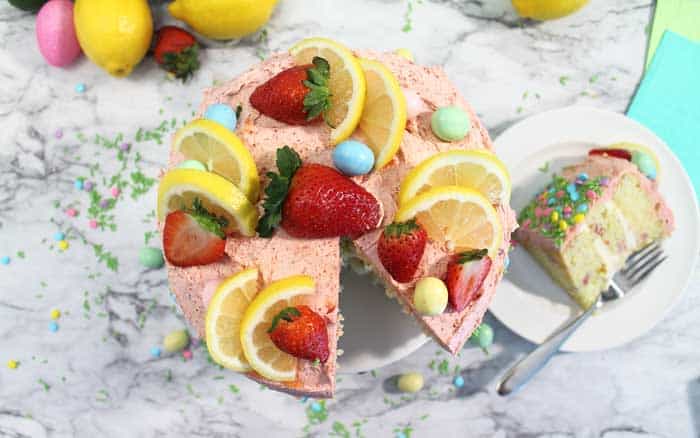 Strawberry Lemon Cake overhead with slice beside it