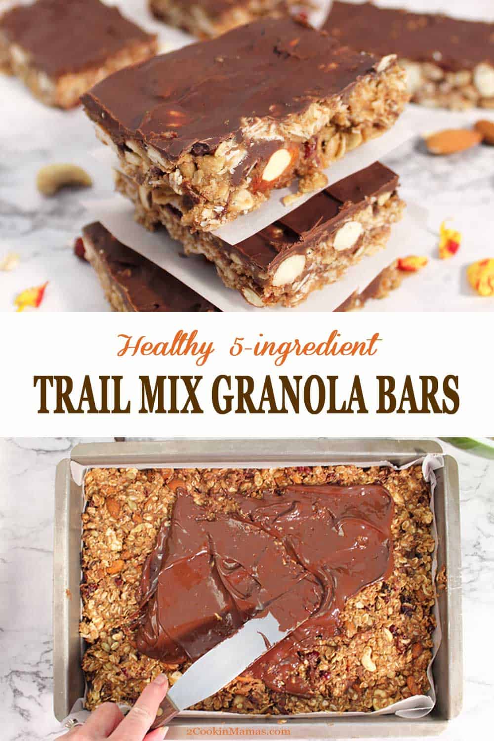 Healthy Trail Mix Granola Bars | 2 Cookin Mamas Trail Mix Granola Bars are a delicious, homemade & healthy snack. Sweetened with honey, flavored with almond butter and maple syrup and packed with a trail mix full of nuts, seeds & dried fruit. Finish with a topping of chocolate for an irresistible snack. #snack #granolabars #healthy #easy #recipe #glutenfree #lowcarb #almondbutter #nobake #homemade #chocolate #oats #glutenfree