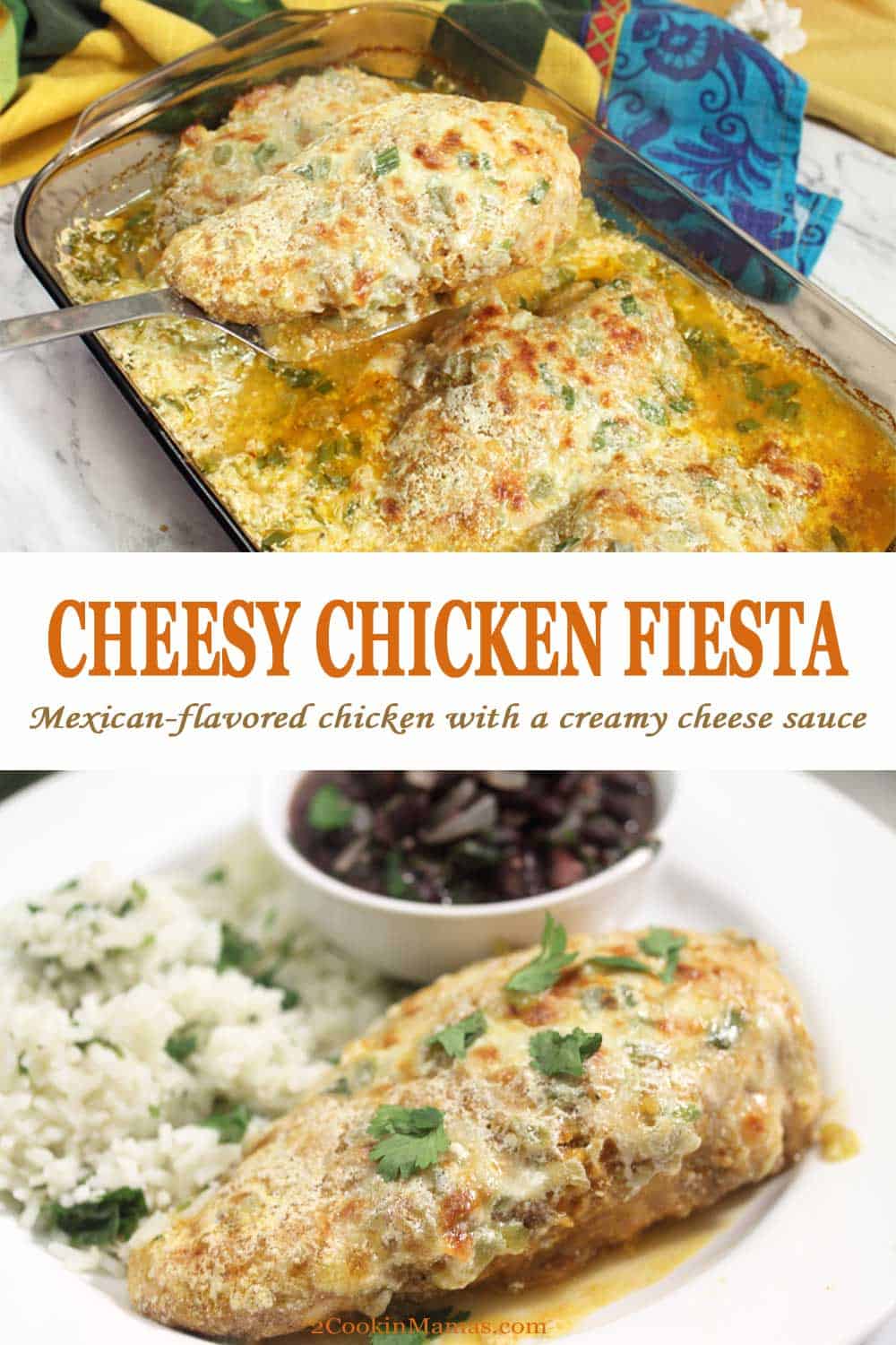Crispy coated chicken breasts are covered with creamy cheese sauce in this easy Cheesy Chicken Fiesta Casserole recipe. A weeknight casserole the whole family will enjoy! #chicken #casserole #cheese #easy #recipe #mexican