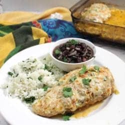 Chicken Fiesta plated with cilantro rice and black beans square