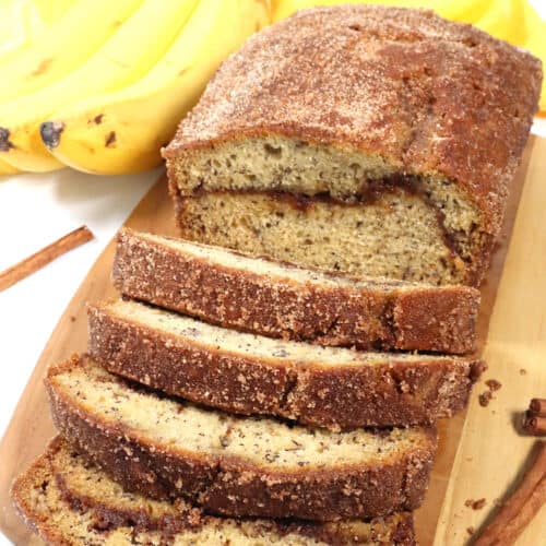 Sliced Cinnamon Swirl Banana Bread.