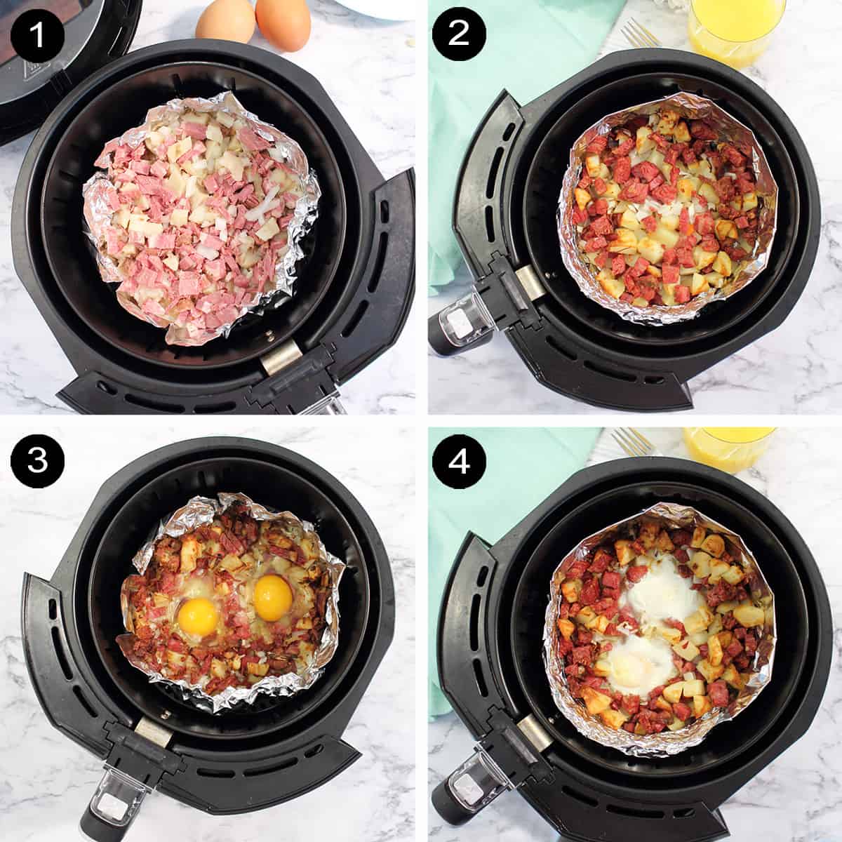 Collage of steps to make air fryer corned beef hash and eggs.