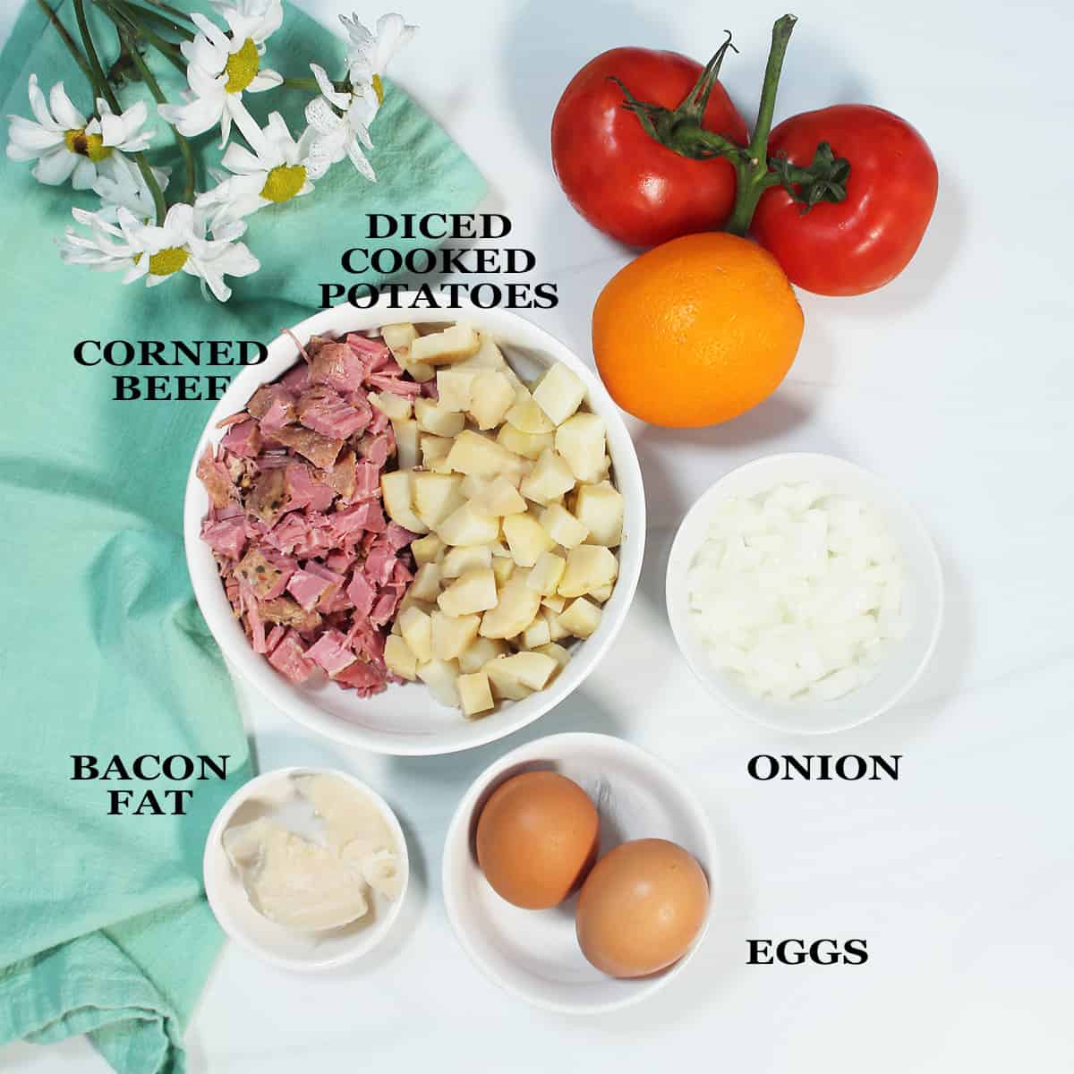 Ingredients for corned beef hash breakfast.