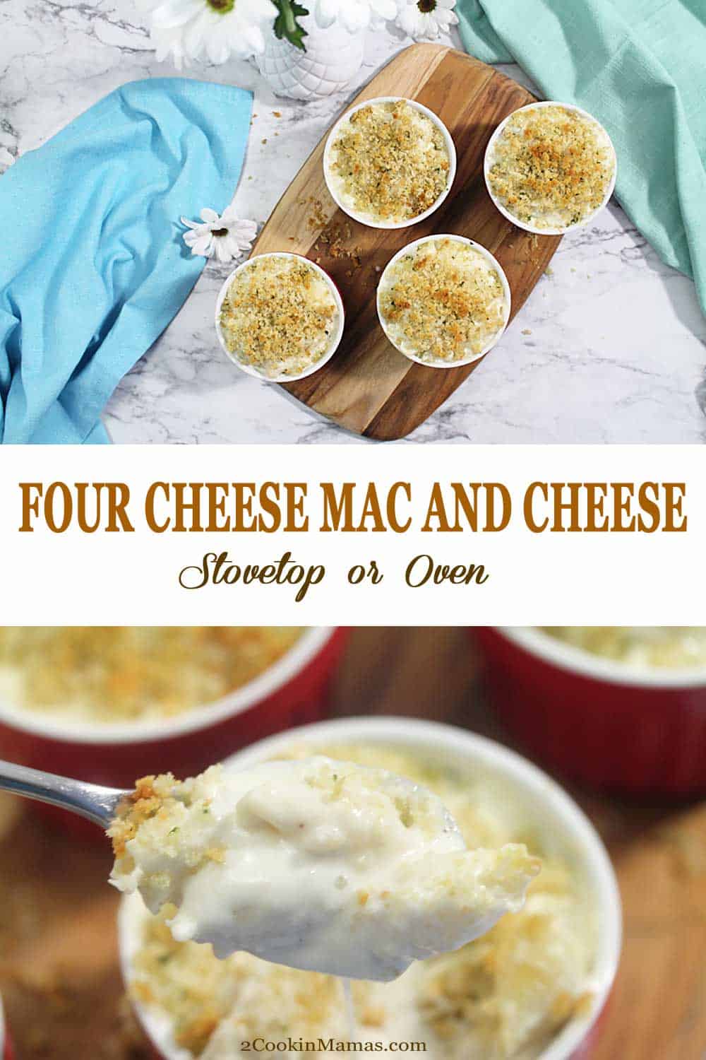 Stovetop Four Cheese Mac and Cheese | 2 Cookin Mamas Jazz up your stovetop mac and cheese with this four cheese gourmet version that's both creamy and rich. It's quick, easy and delicious and works great as a main dish or a side. Love a crunchy buttery top? Pour it into ramekins and finish it off in the oven. I guarantee this will become a family favorite. #macandcheese #stovetop #fourcheese #recipe #baked #easy #homemade #creamy