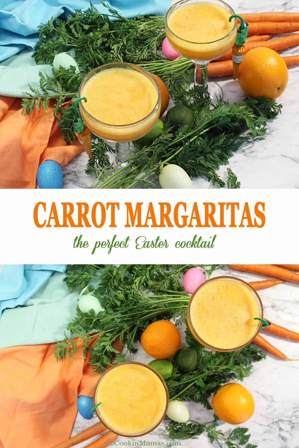 Carrot Margaritas | 2 Cookin Mamas Carrot Margaritas are a delicious spin on the classic margarita with carrot juice added to the mix! They have the standard tequila and lime juice, sweetened with orange juice and a little sugar, then a splash to two of carrot juice. A refreshing seasonal cocktail that no one will guess has something healthy in it! #margarita #cocktail #Easter #spring #drink #carrotjuice #limes #tequila #recipe #easy