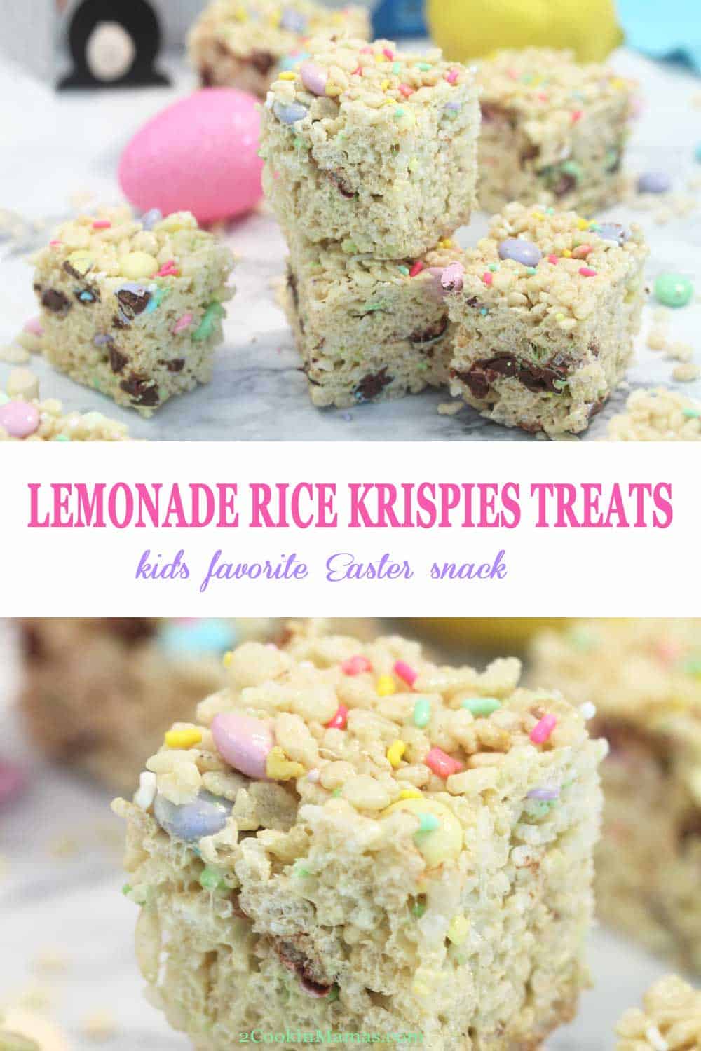 These sweet, crispy Lemonade Rice Krispies Treats are the same classic favorite kids love but with a lemonade twist. They're thick, gooey and chewy, just what you want from your Rice Krispies Treats, and oh so easy to make. Add in some Easter sprinkles and candy and you have the perfect holiday snack. #snack #kids #ricekrispies #easy #marshmallows #sprinkles #lemonade #Easter #recipe #withM&Ms