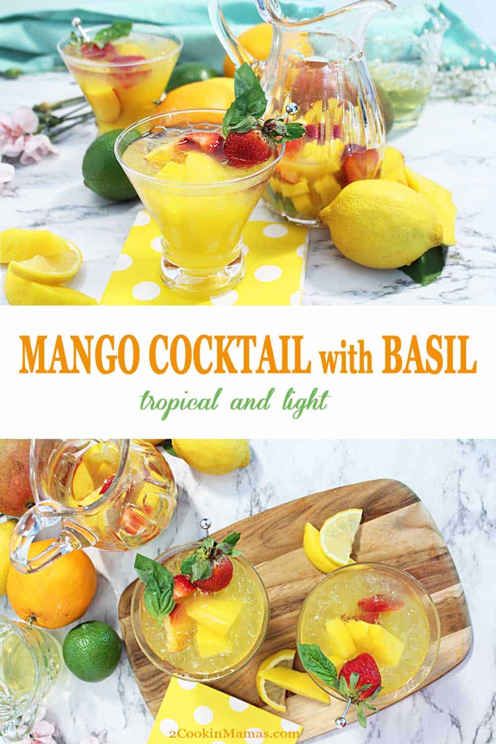 Mango cocktail with Basil | 2 Cookin Mamas This Mango Cocktail with Basil is a tropically inspired drink with an herbal edge. A light pinot grigio is mixed with mango nectar and lemon juice then punched up with a bit of basil simple syrup. A totally refreshing drink for the warm spring and summer days ahead. #cocktail #drink #summer #wine #mango #basil #lemon #recipe #simplesyrup #basil