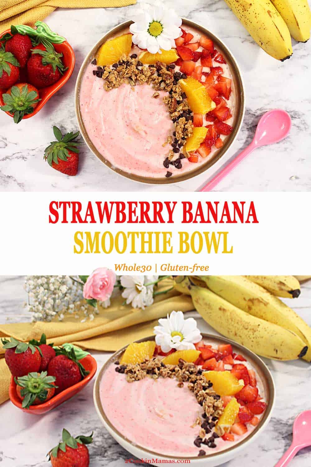 Strawberry Banana Smoothie Bowl | 2 Cookin Mamas This Strawberry Banana Smoothie is not only delicious but easy to make and healthy too! A recipe that combines all things summer, strawberries, orange juice and bananas. It's the perfect breakfast to start the day. #smoothie #recipe #healthy #breakfast #easy #bowl #strawberrybanana #yogurt #chiaseeds