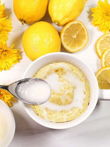 Microwave lemon Mug Cake with lemon drizzle.