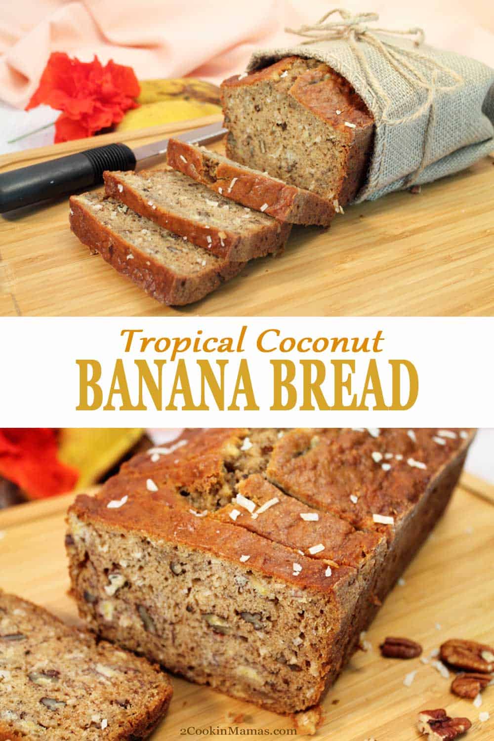 Tropical Coconut Banana Bread | 2 Cookin Mamas Tropical Coconut Banana Bread brings all the taste of the tropics to your breakfast table. A quick bread that's rich with the flavors of bananas, rum & coconut. #quickbread #bananabread #bananas #baking #recipe #breakfast #easy