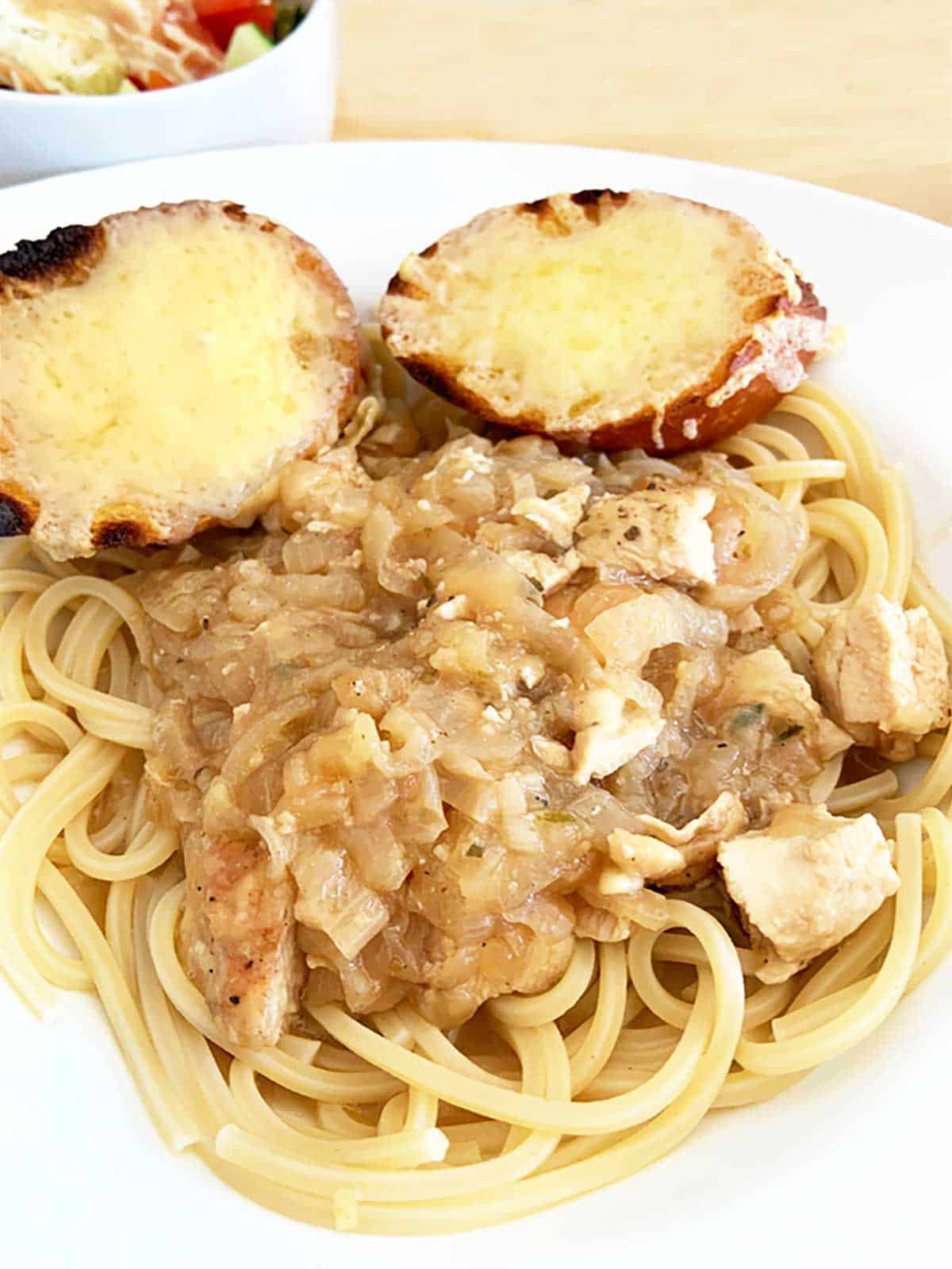 French Onion Chicken Pasta made with leftovers.