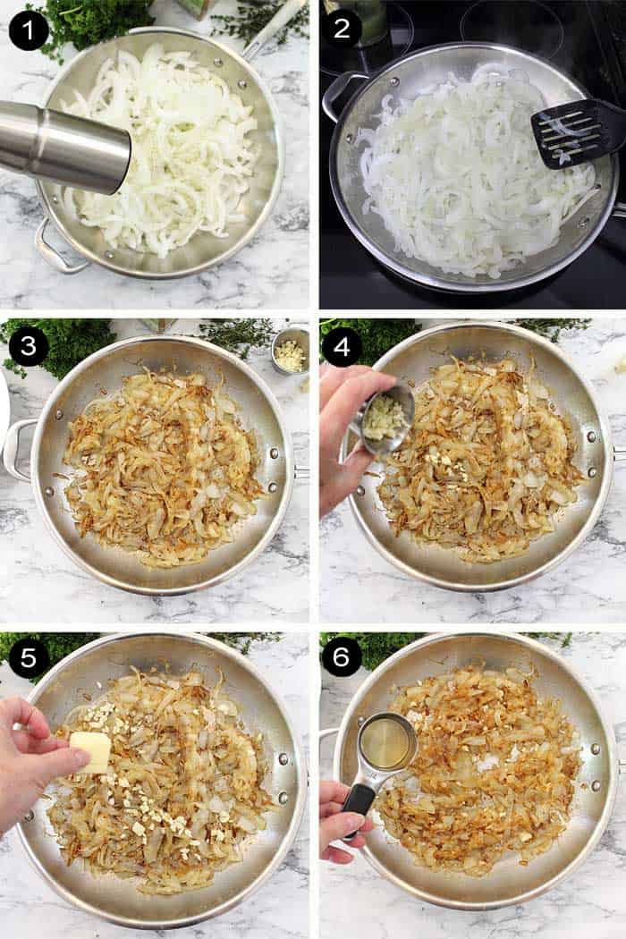 Steps to caramelizing the onions.