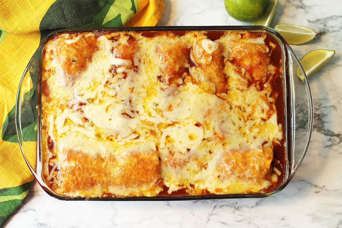 Overhead of baked casserole showing melted cheese.