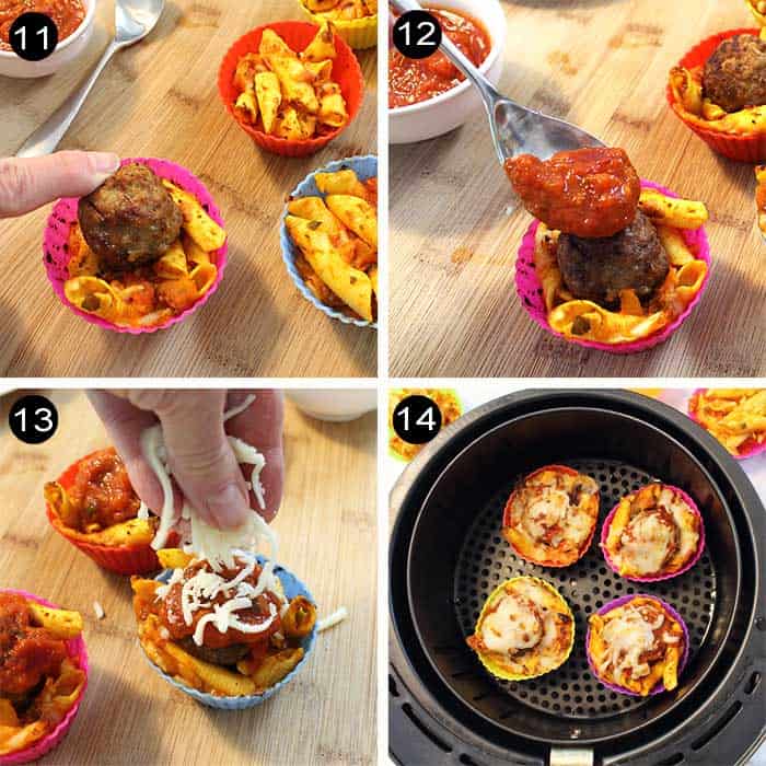 Adding meatball steps to finish muffins.