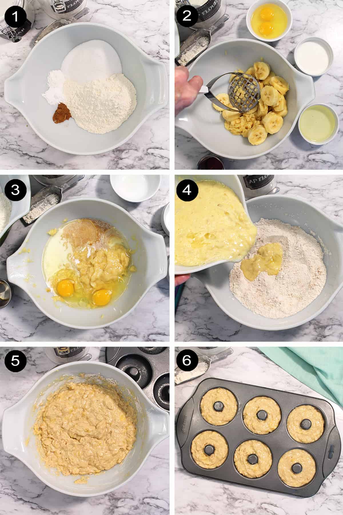 Collage of steps to make banana donuts.
