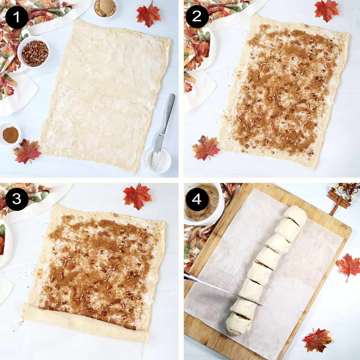 Sticky Buns prep steps to make cinnamon-filled rolls.