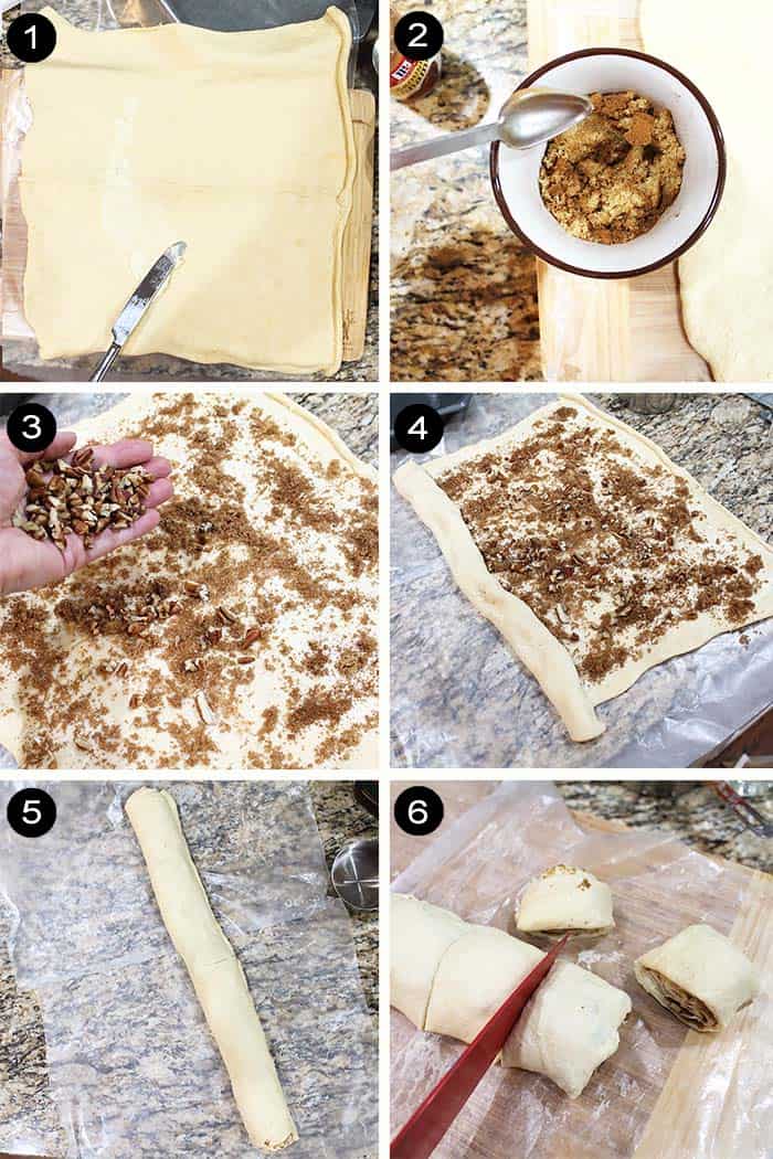 Steps for making sticky buns from dough to cinnamon sugar filling, rolling to slicing.