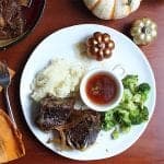 Beef Short Ribs dinner plated on white plate square.
