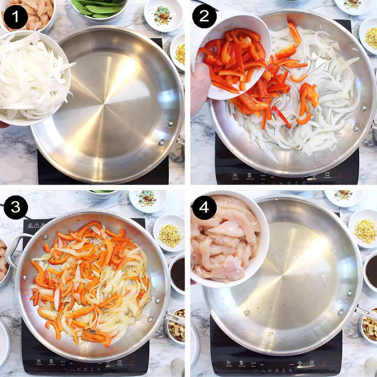 Steps 1-4 to make chicken stir fry.