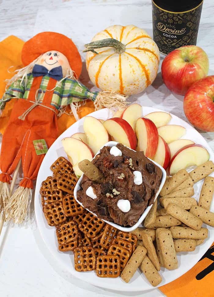 Rocky Road Cookie Dough Dip with dippers and fall decor.