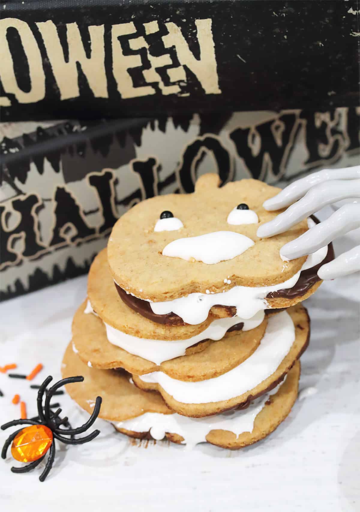 Stacked Halloween S'mores Cookies with spider.