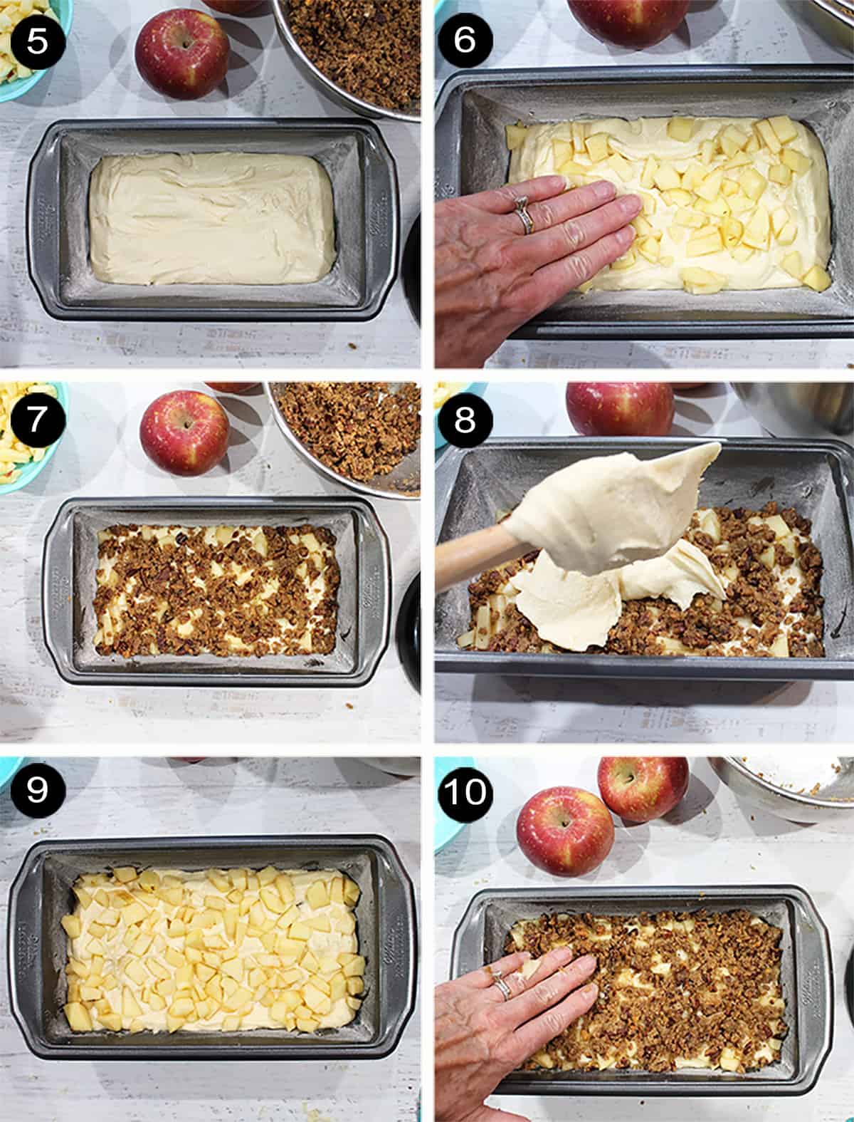 Collage of steps to assemble cinnamon apple bread.