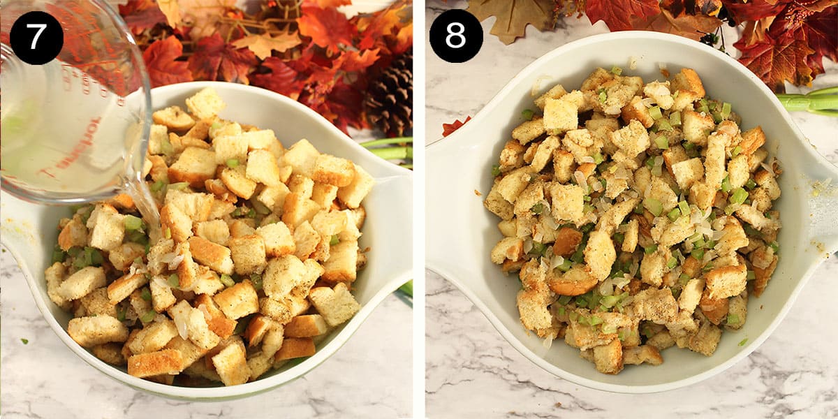 Finishing steps to make homemade turkey stuffing.