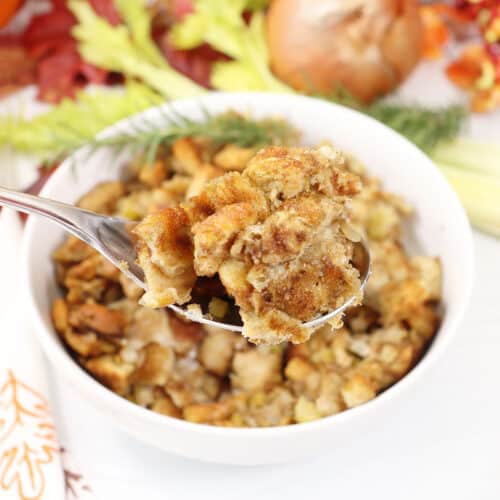Spoonful of homemade stuffing recipe.