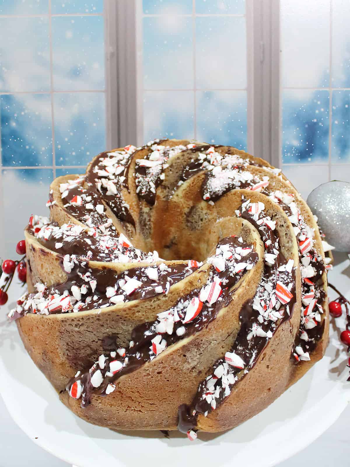 Holiday decorated Chocolate Peppermint Bundt Cake.