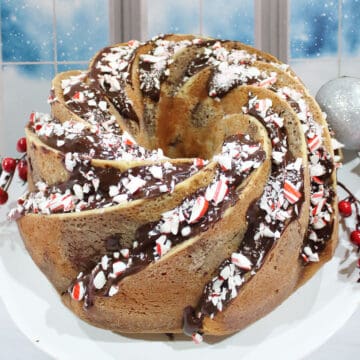 Closeup of chocolate drizzled Chocolate Peppermint Bundt Cake.