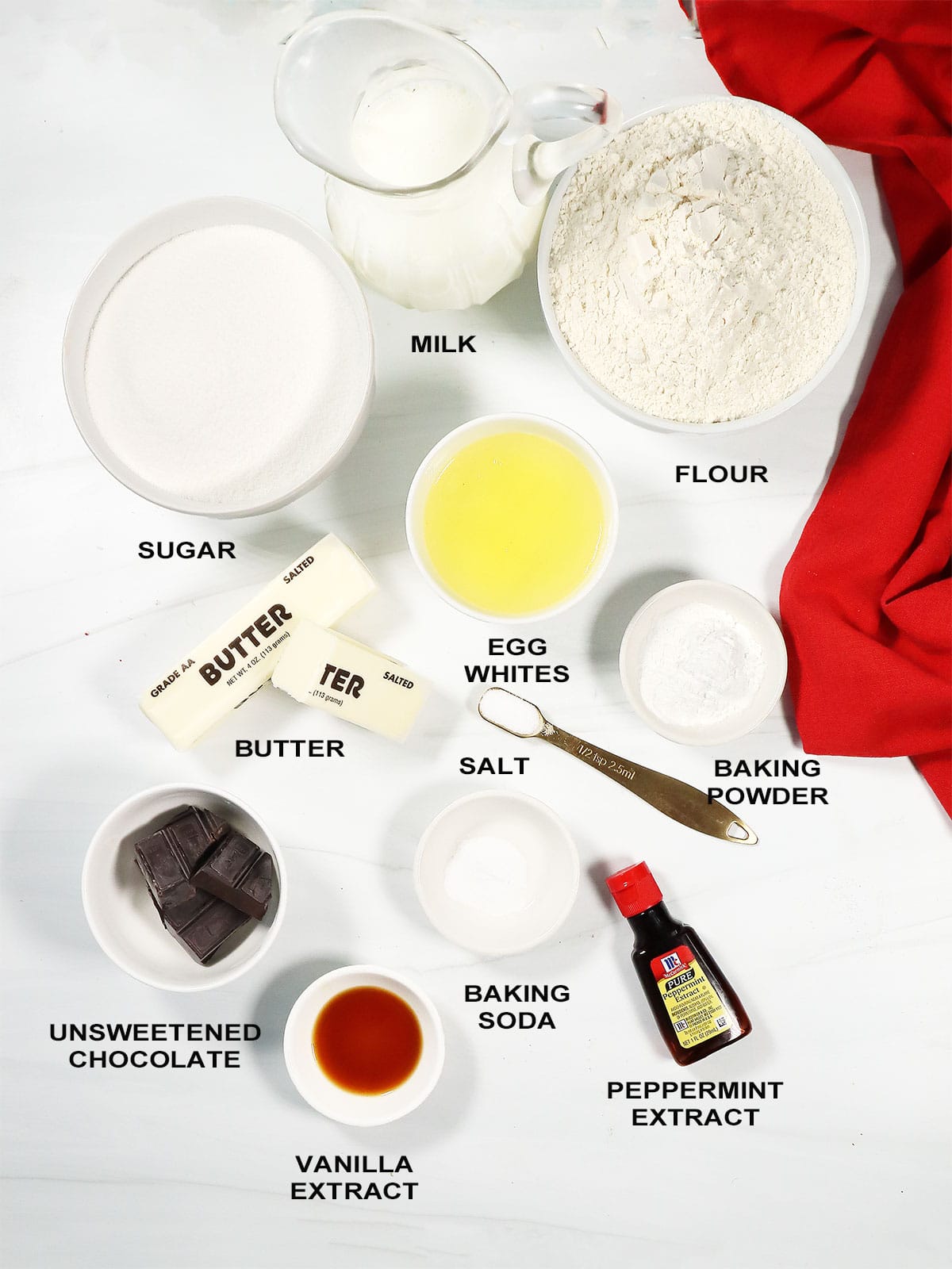 Chocolate Peppermint cake ingredients.