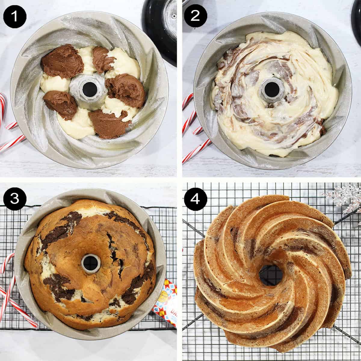 Steps for creating marbling effect and baked cake.