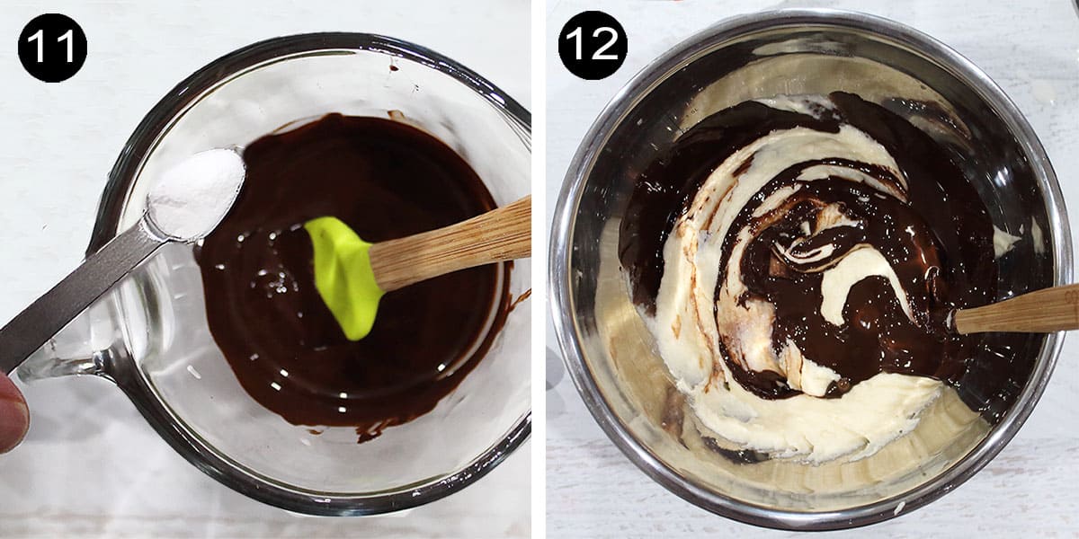 Steps to make chocolate marble cake batter.