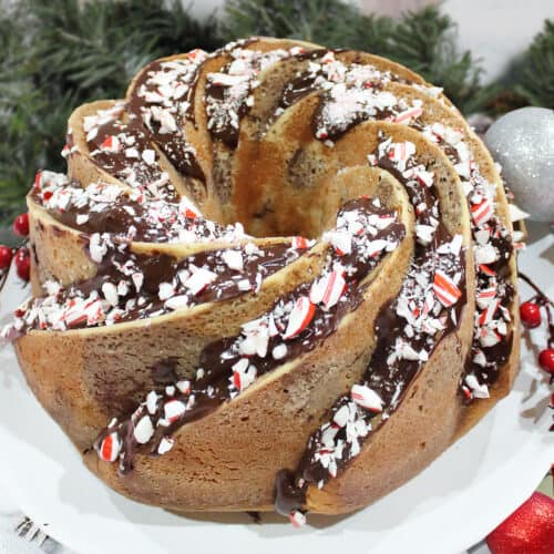 Chocolate Peppermint Bundt Cake with chocolate ganache.
