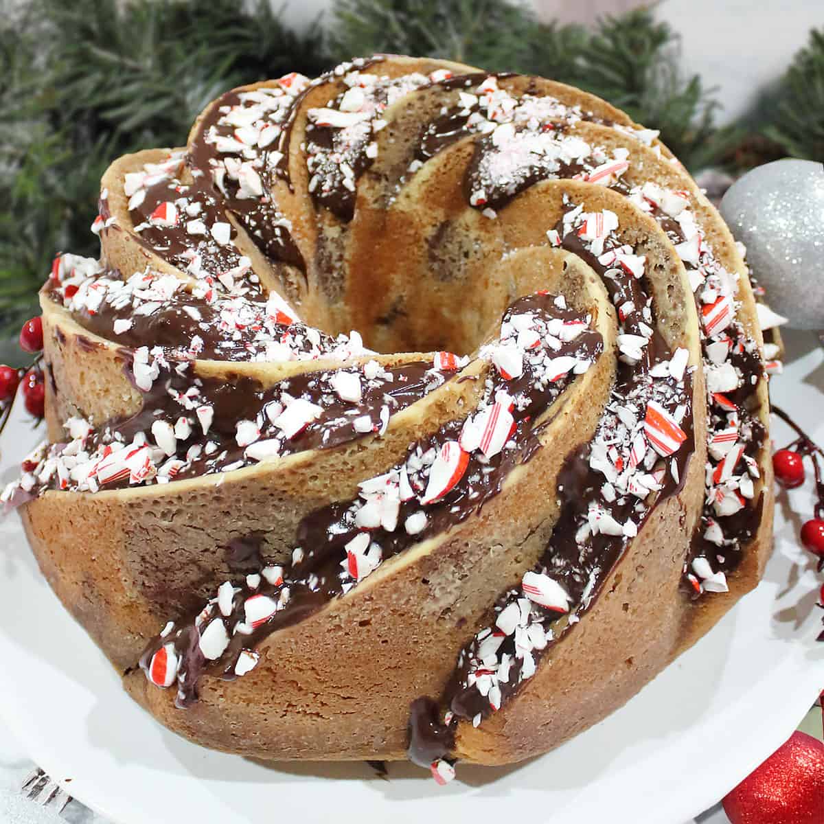 Chocolate Peppermint Bundt Cake with chocolate ganache.