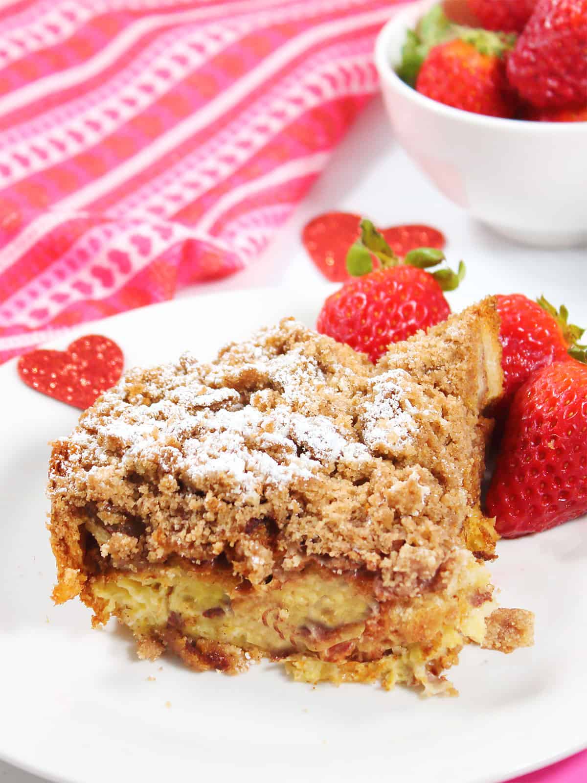 Cinnamon French Toast plated for Valentine's Day.