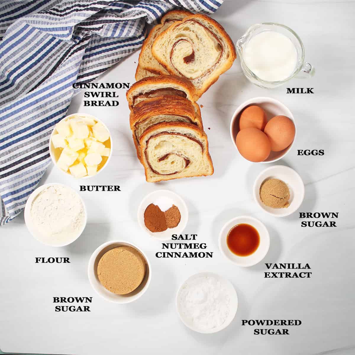 Ingredients for cinnamon french toast casserole.